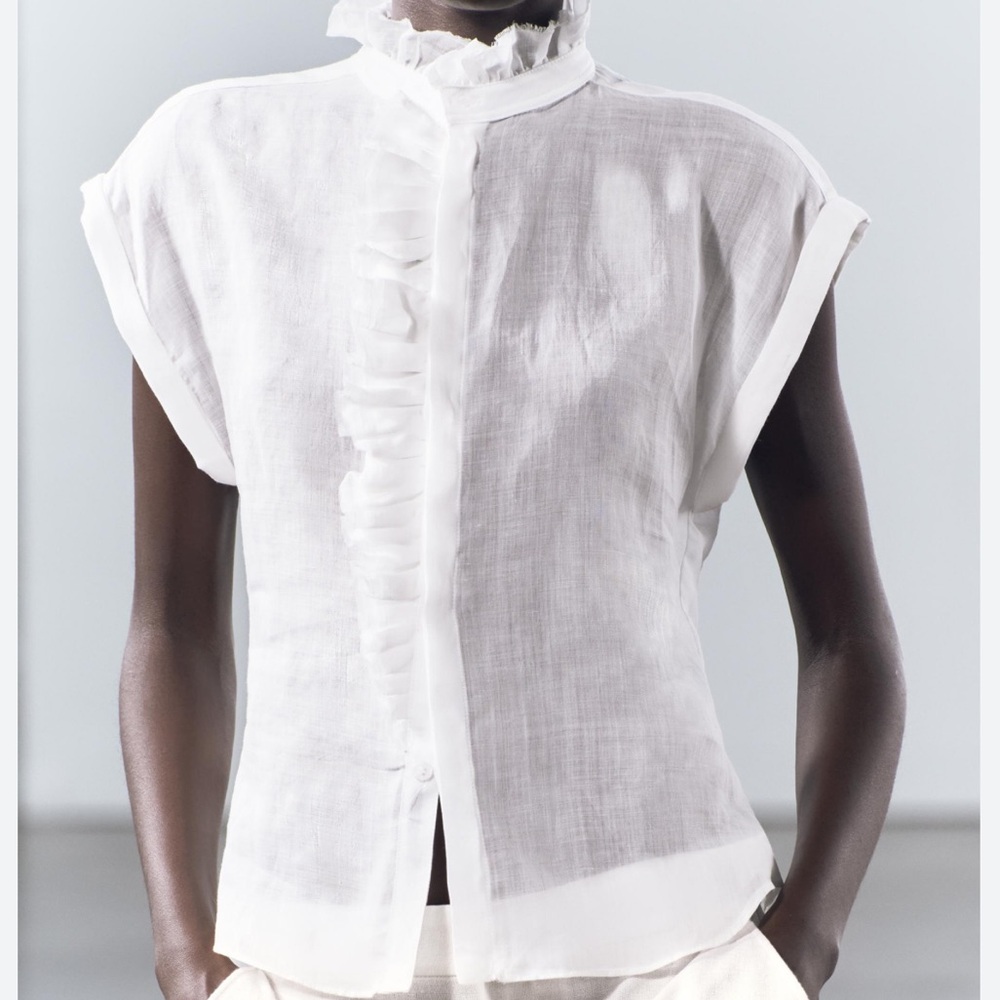 NWOT( has spots ) Zara Woman RUFFLED SHIRT ZW COLLECTION White Size XS - Picture 3 of 13